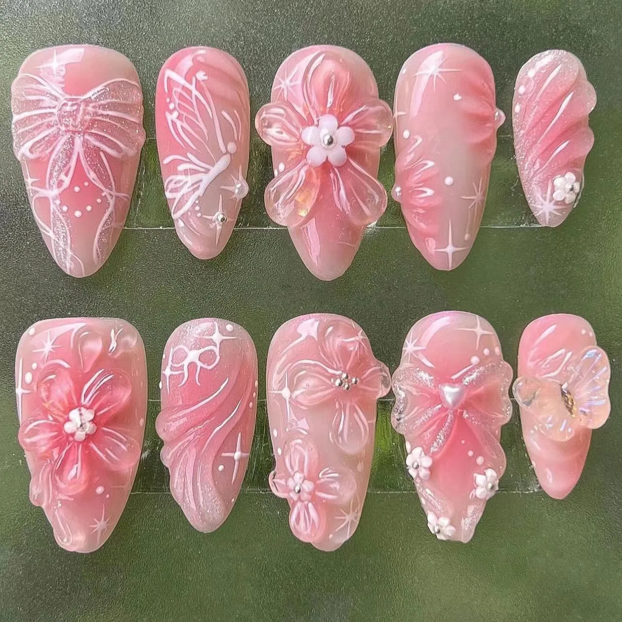 24pcs Sweet Pink Fake Nail Patches 3D Flower Bowknots Butterfly Decor Press On Nails Women Girl Wearable False Nail For Party