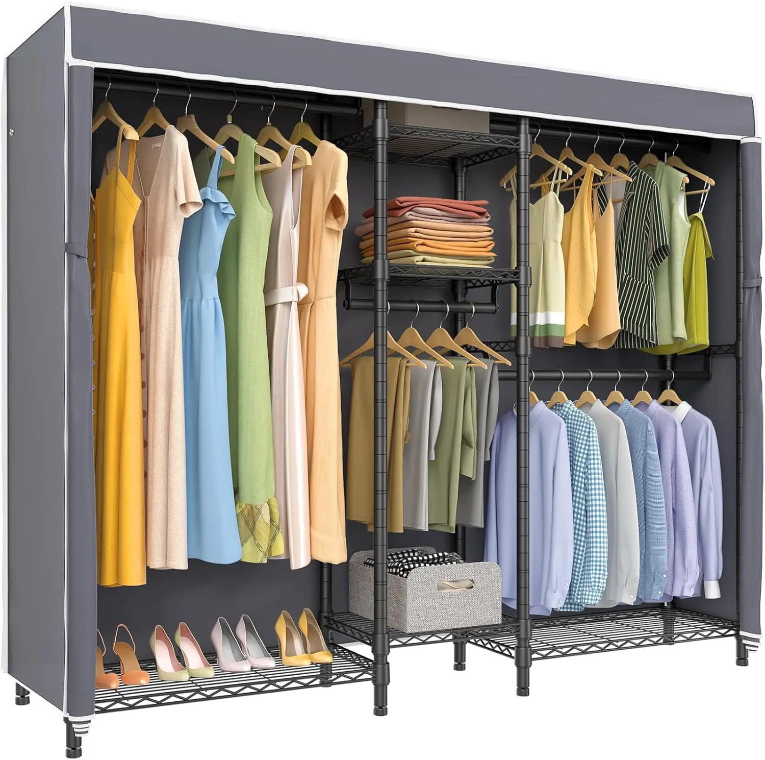 Heavy Duty Covered Clothes Rack Portable Wardrobe Closet, 5 Tiers Wire Garment Rack Black Metal Clothing Rack