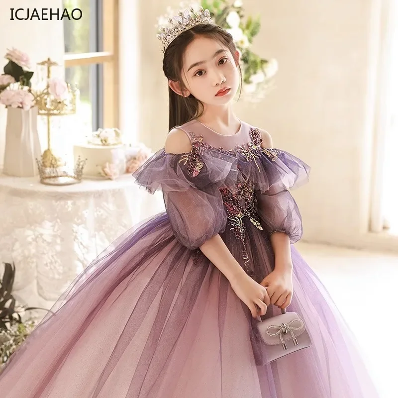Icjaehao Girl Evening Gown Elegant Party Dress for Junior Girls Children Sequined Purple Tulle Dresses Kids Grad Night Formal