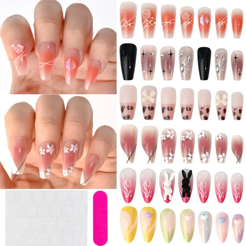 144Pcs/6Packs Flower Rhinestone Fake Nail Set Multiple Patterns Full Cover Long Coffin Press On Nails DIY Acrylic False Nail Tip