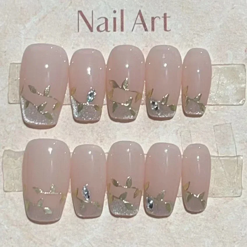 10Pcs Handmade Press on Nails Full Cover Hand-painted Flowers Leaves Cat Eye Design French Ballerina Fake Nail Wearable Manicure