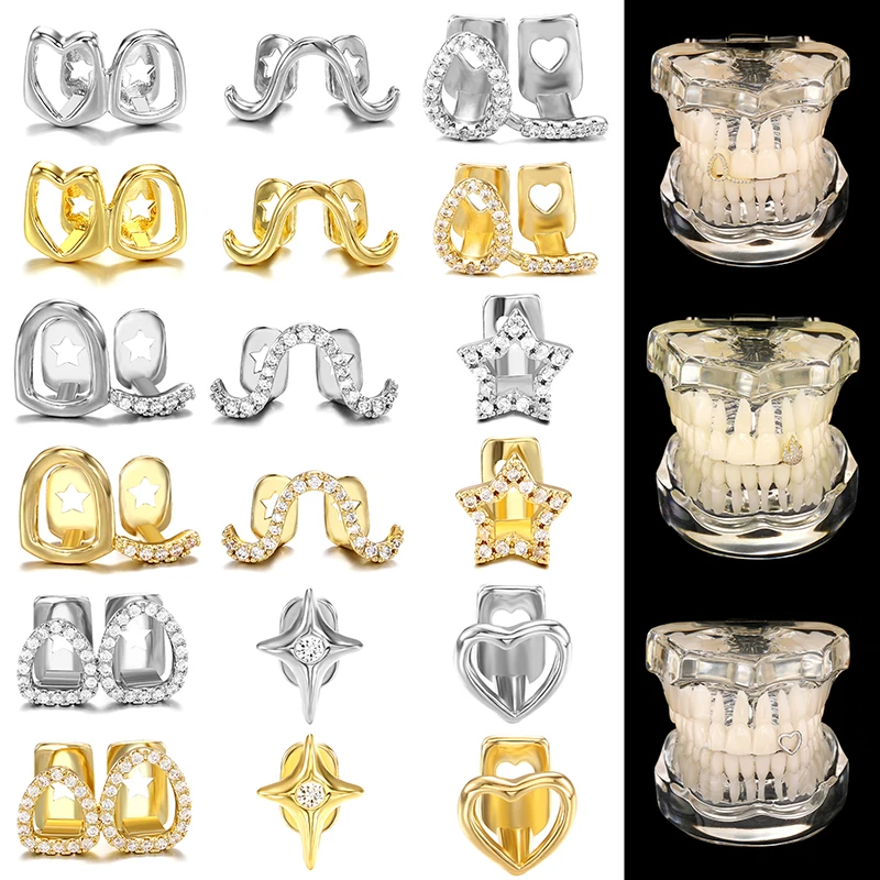 1PC Copper Dental Grills Jewelry Hip Hop Teeth Grill Iced Out Hollow Single Double Teeth Cap Tooth Decoration For Punk Rapper