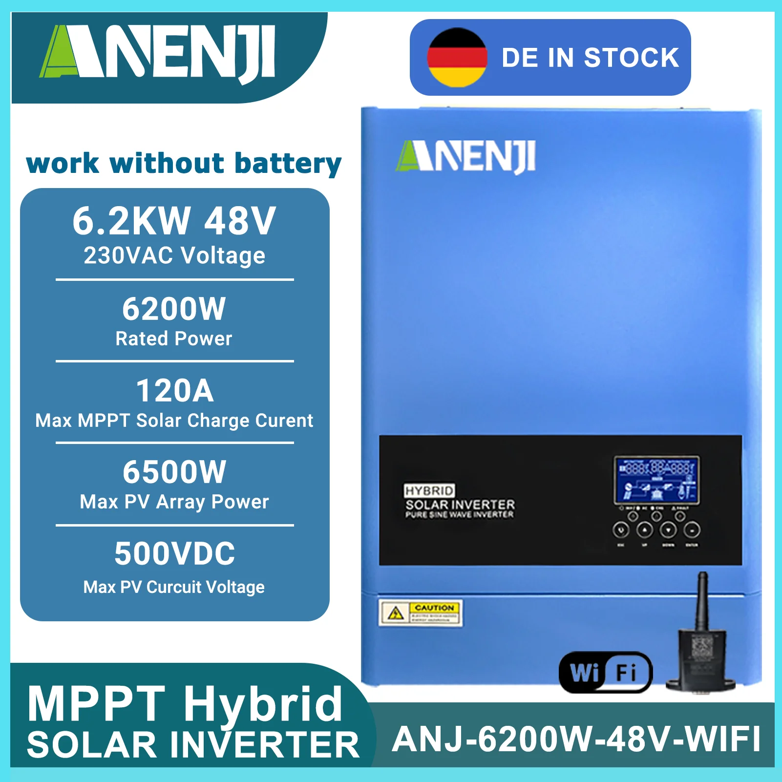 6.2KW 4KW Hybrid Solar Inverter 230V On/Off Grid Photovoltaic Inverter Pure Sine PV 60-500V 120A MPPT Solar Charge Controller