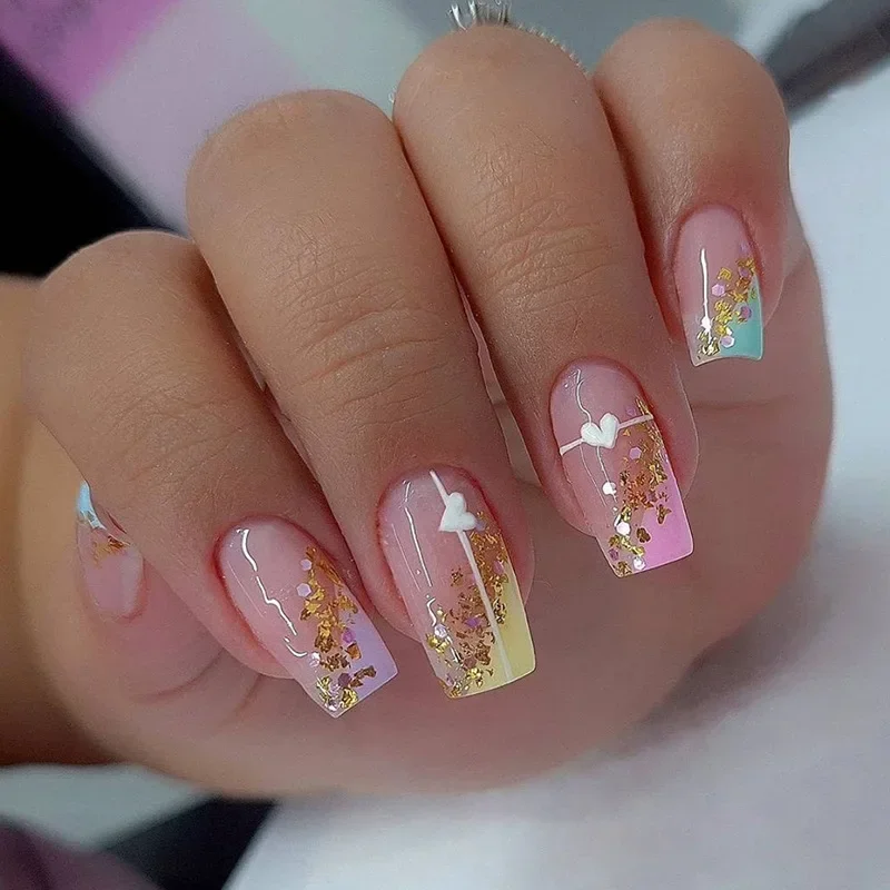 24Pcs/Set Medium Long European Square Wearing False Nails Rainbow Multi-color Designs Press on Nails French Gold Foil Fake Nails