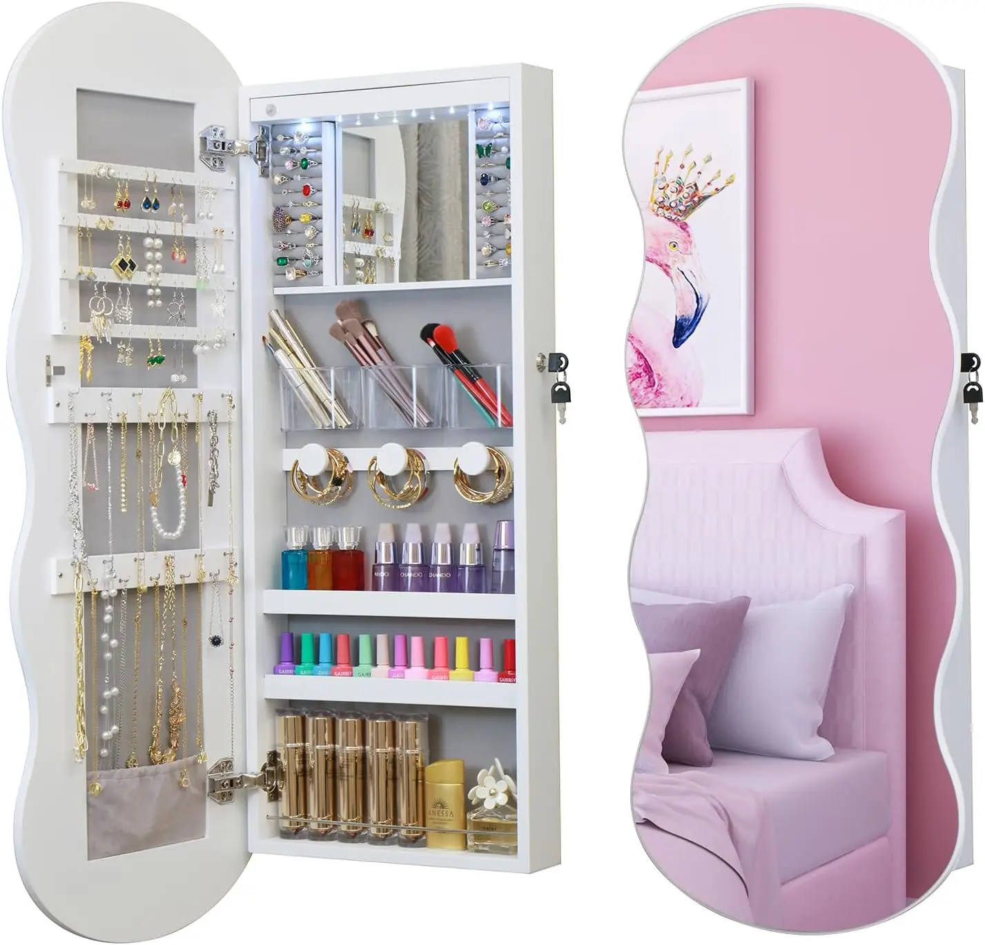 Jewelry Armoire Cabinet, Mirror LED Jewelry Cabinet Wall or Door Mounted Full-Length Lockable Wavy Mirror Jewelry Organizer, Mir