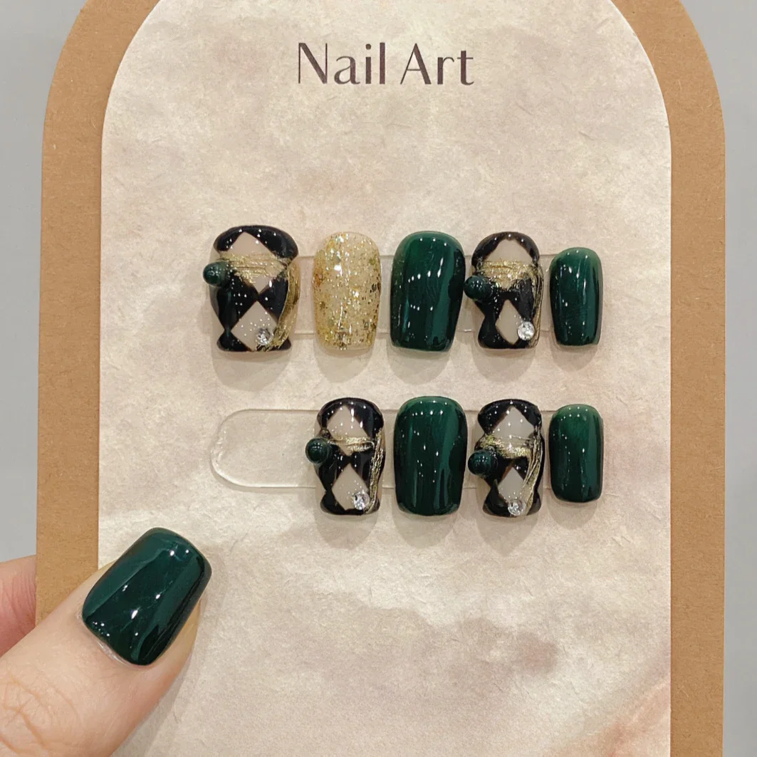 10Pcs Short Square Handmade Fake Nails Rhombus Checkered Nail Art Glitter Vintage Set False Nails Acrylic Press on Nail for Girl
