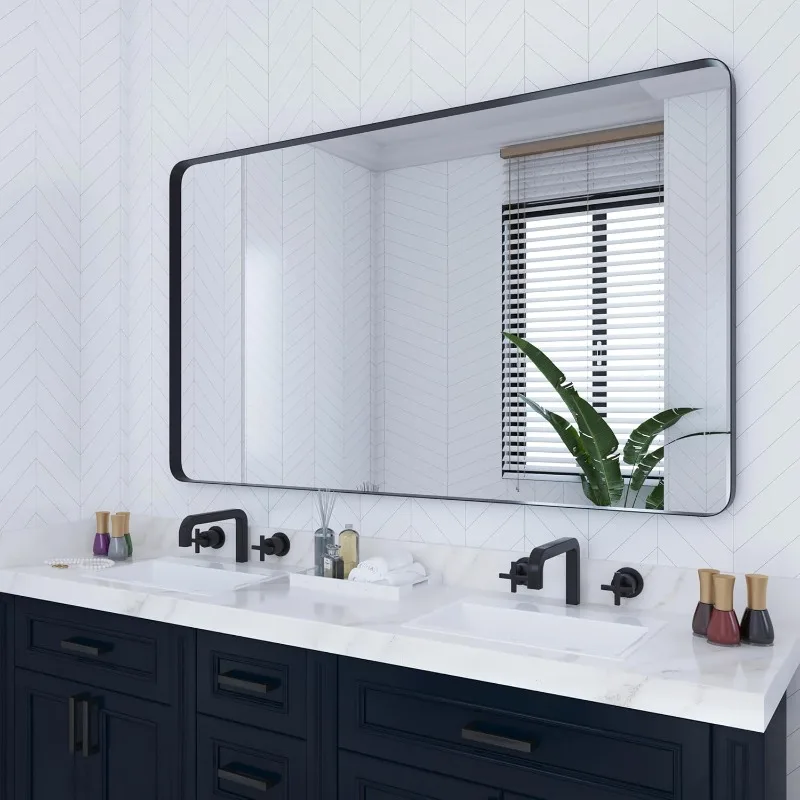 60 x 36 Inch Black Bathroom Mirror for Wall, Large Rounded Rectangle Metal Framed Bathroom Wall Vanity Mirror Farmhouse, 1/4-inc
