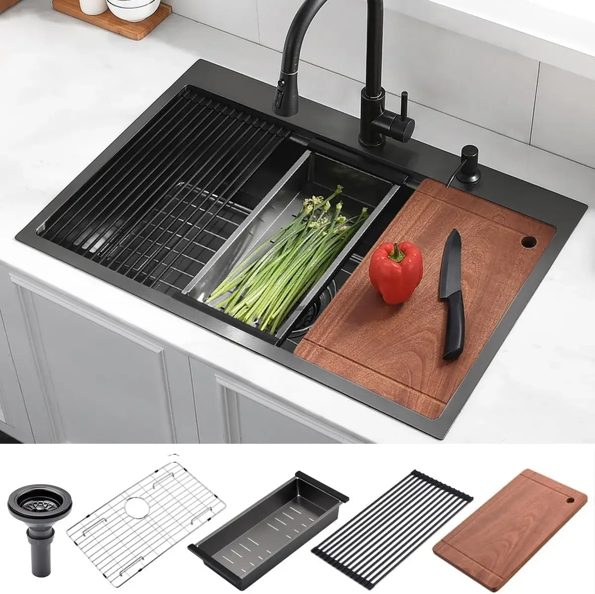33 Drop In Black Workstation Kitchen Sink, Luckyhorse Gunmetal Black Stainless Steel Sink Drop In Workstation Kitchen Sink