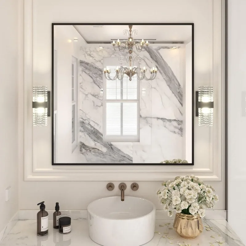 36"X36" Black Rectangle Bathroom Mirror Wall, Matte Black Aluminum Alloy Frame, Tempered Glass, Hangs Vertically or Ho