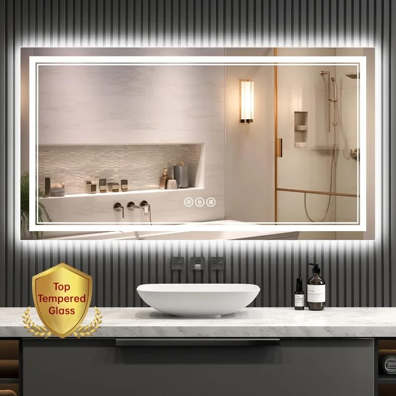 55x30 Inch Lighted Bathroom Mirror for Wall, Tempered Glass Smart Led Bathroom Mirror with Anti-Fog, Stepless Dimmable, 3 Colors