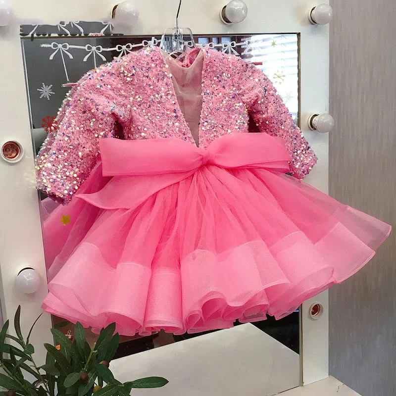 Baby Girl Princess Sequins Tutu Dress Long Sleeve Customization Child Bow Vestido Party Birthday Xmas Baby Clothes 1-14Y