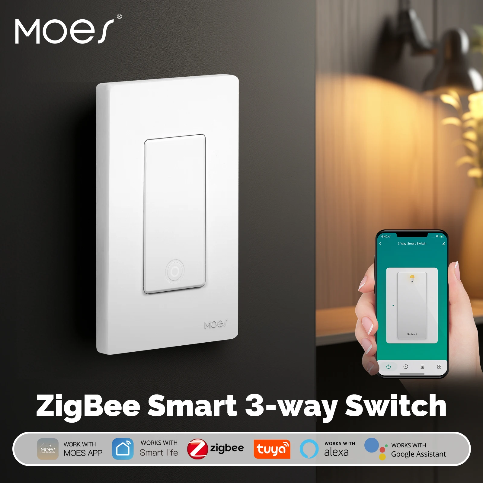 MOES Tuya Star Ring ZigBee Smart 3-Way Switch US Version Neutral Wire Required App Remote Control Work With Alexa Google Home