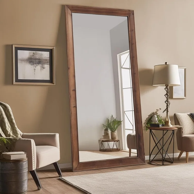 Rustic Farmhouse Full Length Mirror with Stand 71"X32" Large Wood Frame Floor Mirror, Leaning or Wall Mounted Free Sta