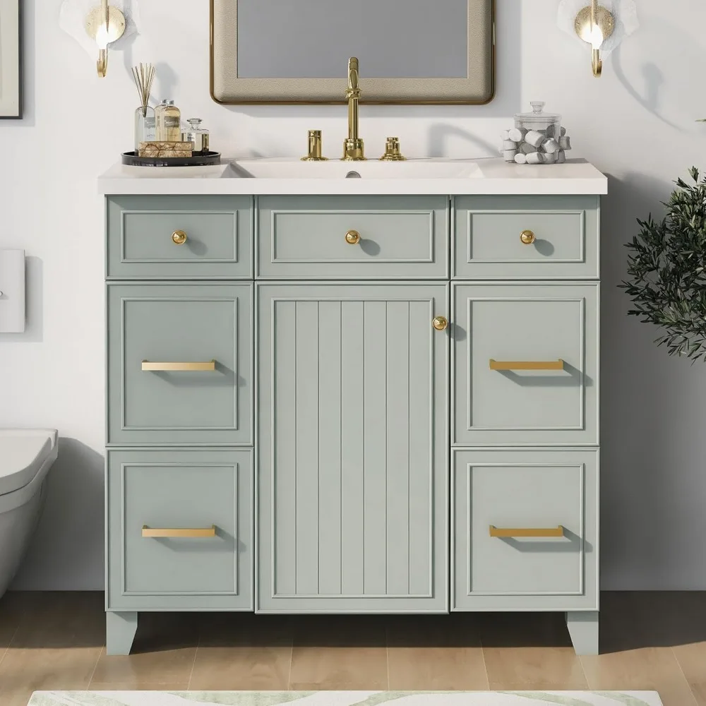 36 Inch Bathroom Sink with Sink, Modern Green Bathroom Sink with 3 Drawers and Cabinets
