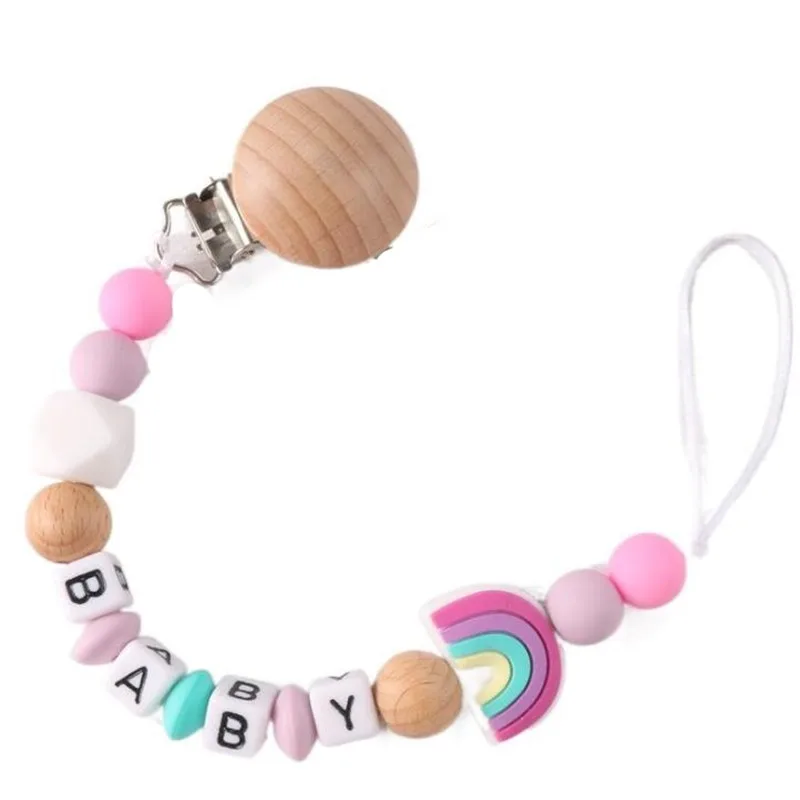 INS Baby Pacifier Clips Personalized Name Silicone Rainbow BPA Free Dummy Nipple Holder Clip Newborn Accessories