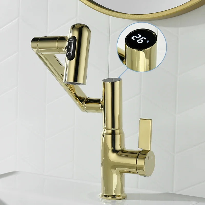 Deck mounted 1080 rotating faucet brushed gold brass wash basin faucet mixer tap bathroom sink led vanity faucet