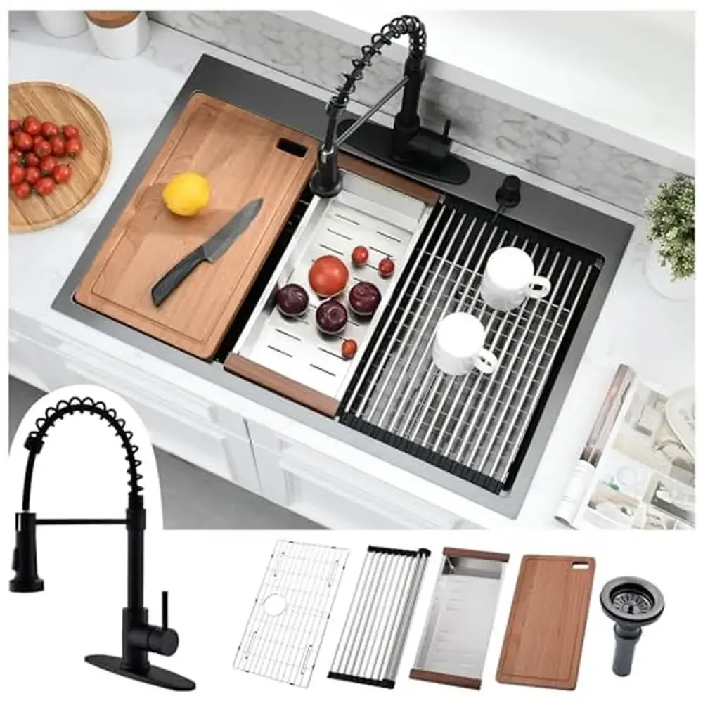 33" Stainless Steel Kitchen Sink with Workstation Combo 33x19 Drop In Sink Single Bowl Faucet Set