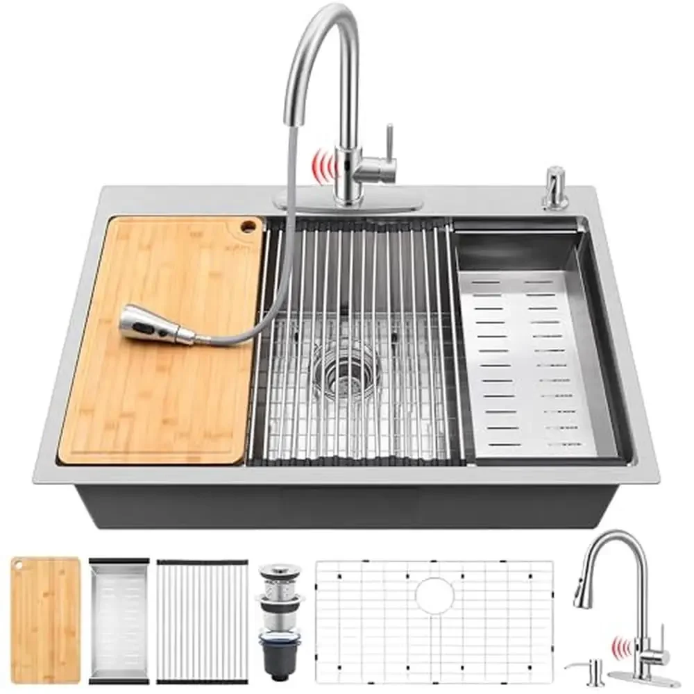33x22" Stainless Steel Single Bowl Drop In Kitchen Sink with Touchless Faucet Rustproof and Spacious Farmhouse Sink with Fa