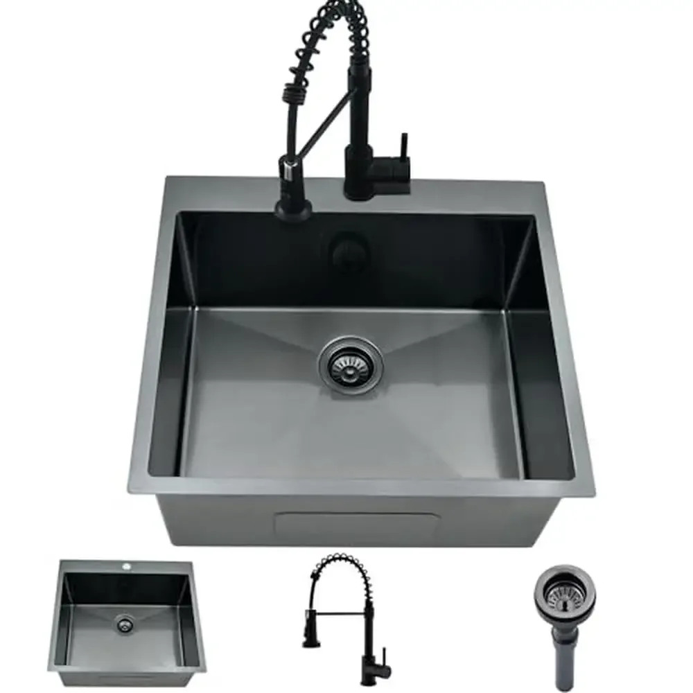 Stainless Steel Drop In Utility Sink with Pull Down Faucet Deep 25"x22"x12" Laundry Room Sink Premium 16 Gauge An