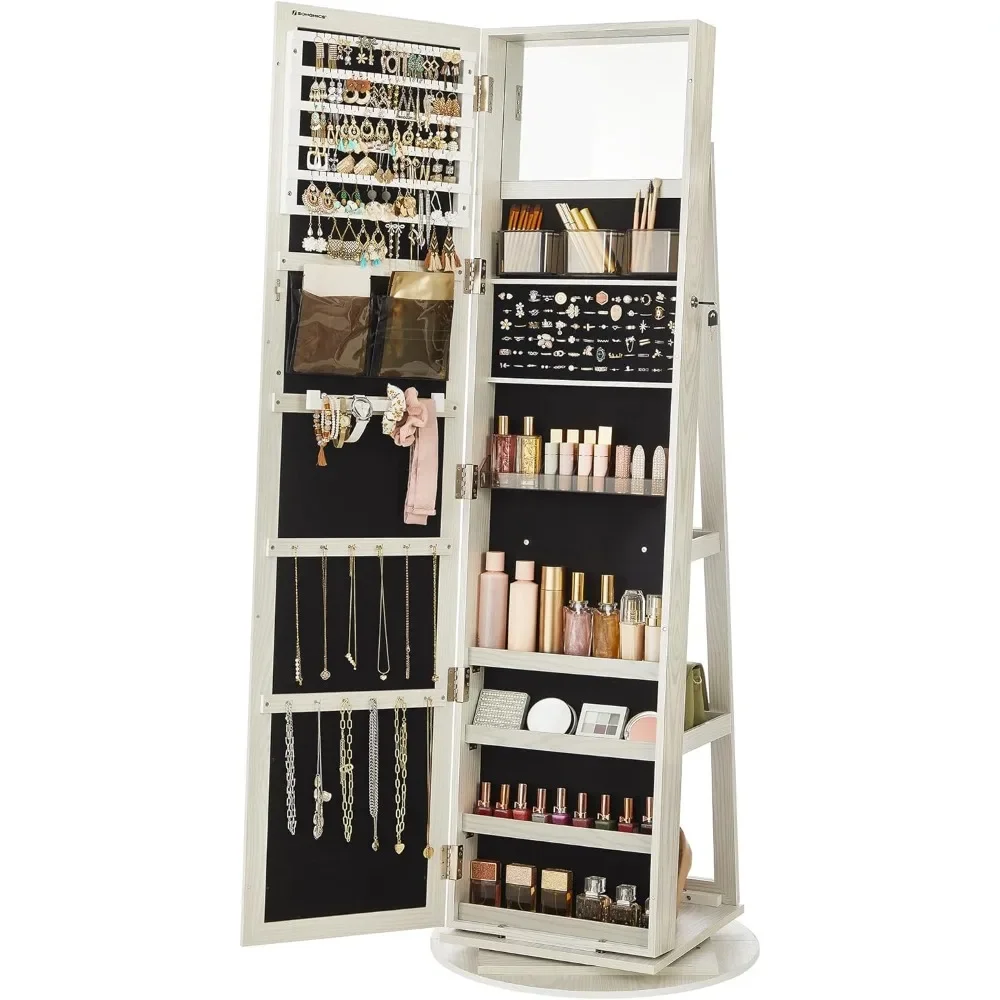 Jewelry Cabinet with Full-Length Mirror and Gray Wood Grain, Rear Storage Shelves & Interior Mirror, 360° Swivel Jewelry Arm