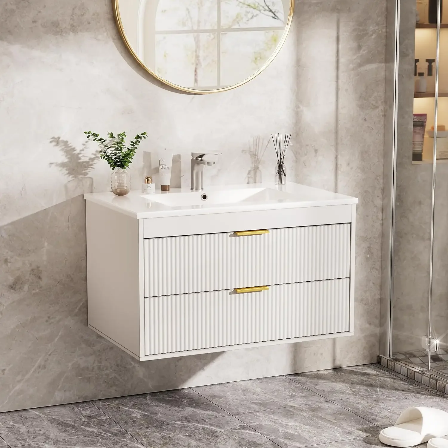 30'' Floating Bathroom Vanities with Sink, Wall Mounted Bathroom Floating Vanity with Ceramic Sink,2 Drawers, Soft-Clo