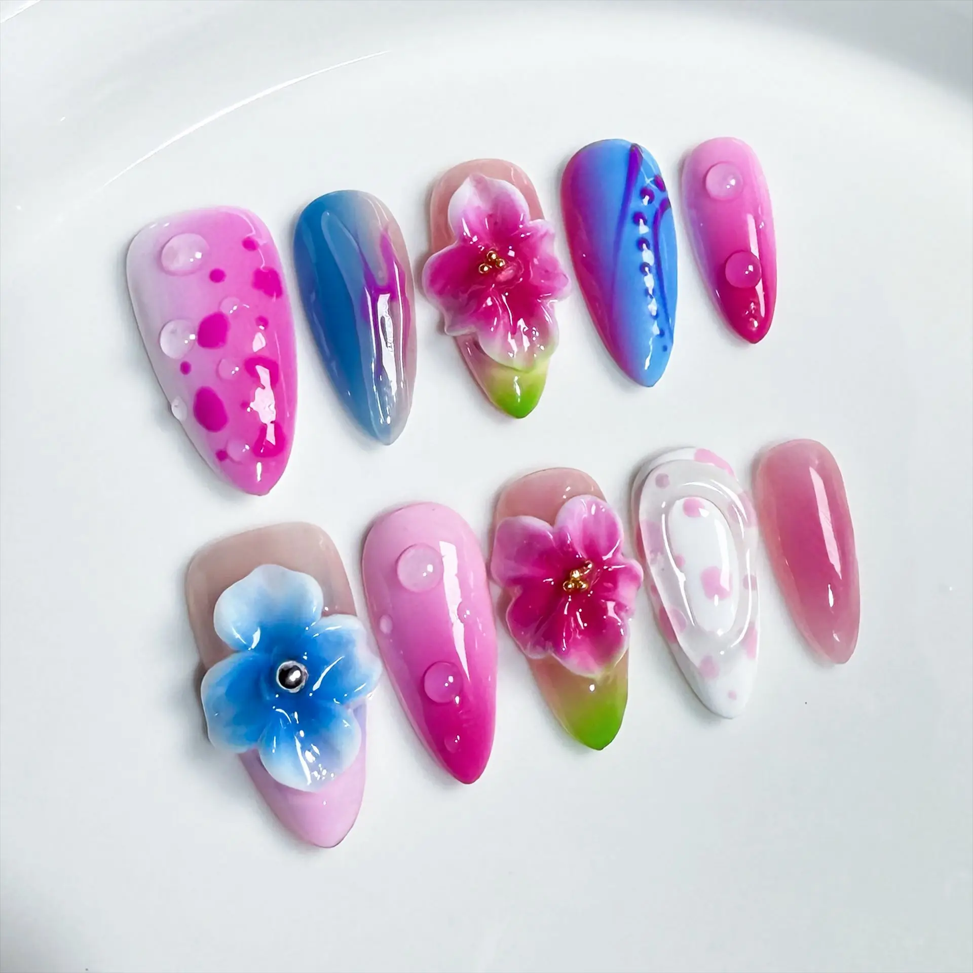 Handmade Almond Press on Nails 3D Hand Carved Flower Blusher Fake Nail Patches Korean Cute False Nail Patches For Girl Wearable