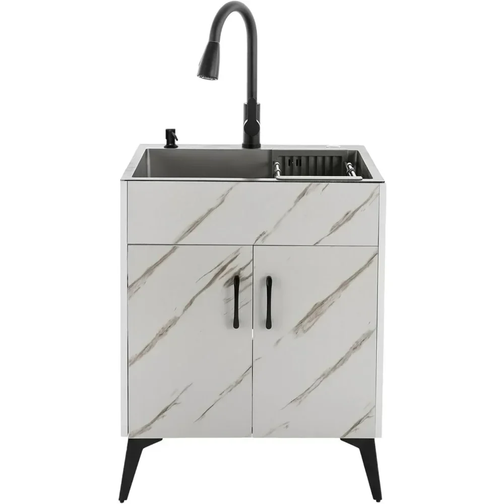 Kitchen sink cabinet, stainless steel practical sink and cabinet combination, independent sink with pull-out faucet, (white)