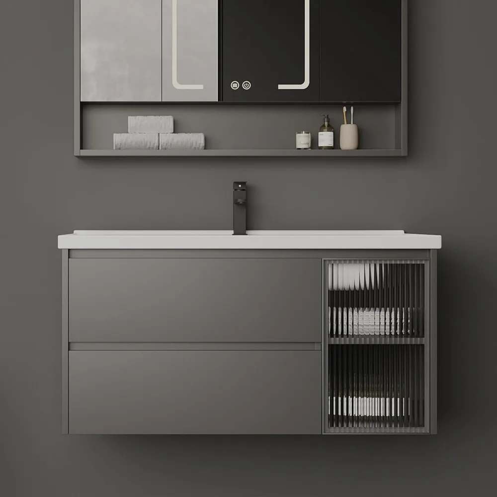 Bathroom Vanity with Ceramic Sink, 40'' Wall Mounted Modern Floating Cabinet with Faucet, Pop-up Drain, P-Trap(Walnut)