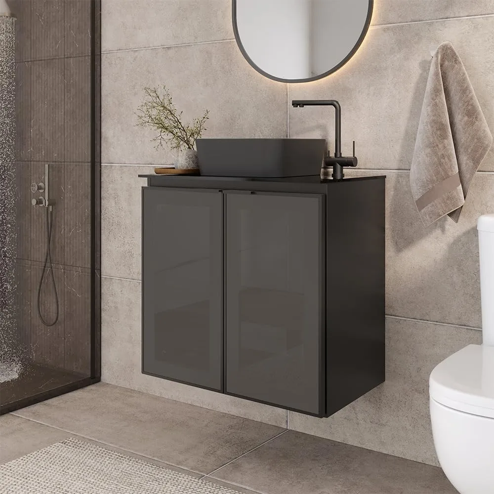 Umbu Combo Black Steel Bathroom Vanity Set 24" with Tempered Glass Countertop and Door, Black Square Ceramic Sink
