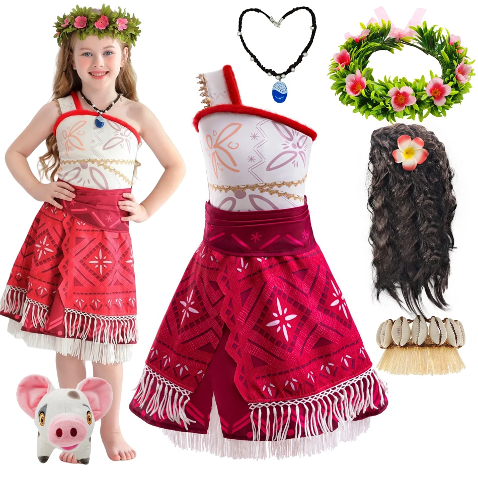 Girls New Movie Moana 2 Dress Halloween Party Adventure Costume Girl Princess Fancy Clothes Children Vaiana Pet Pig Outfit