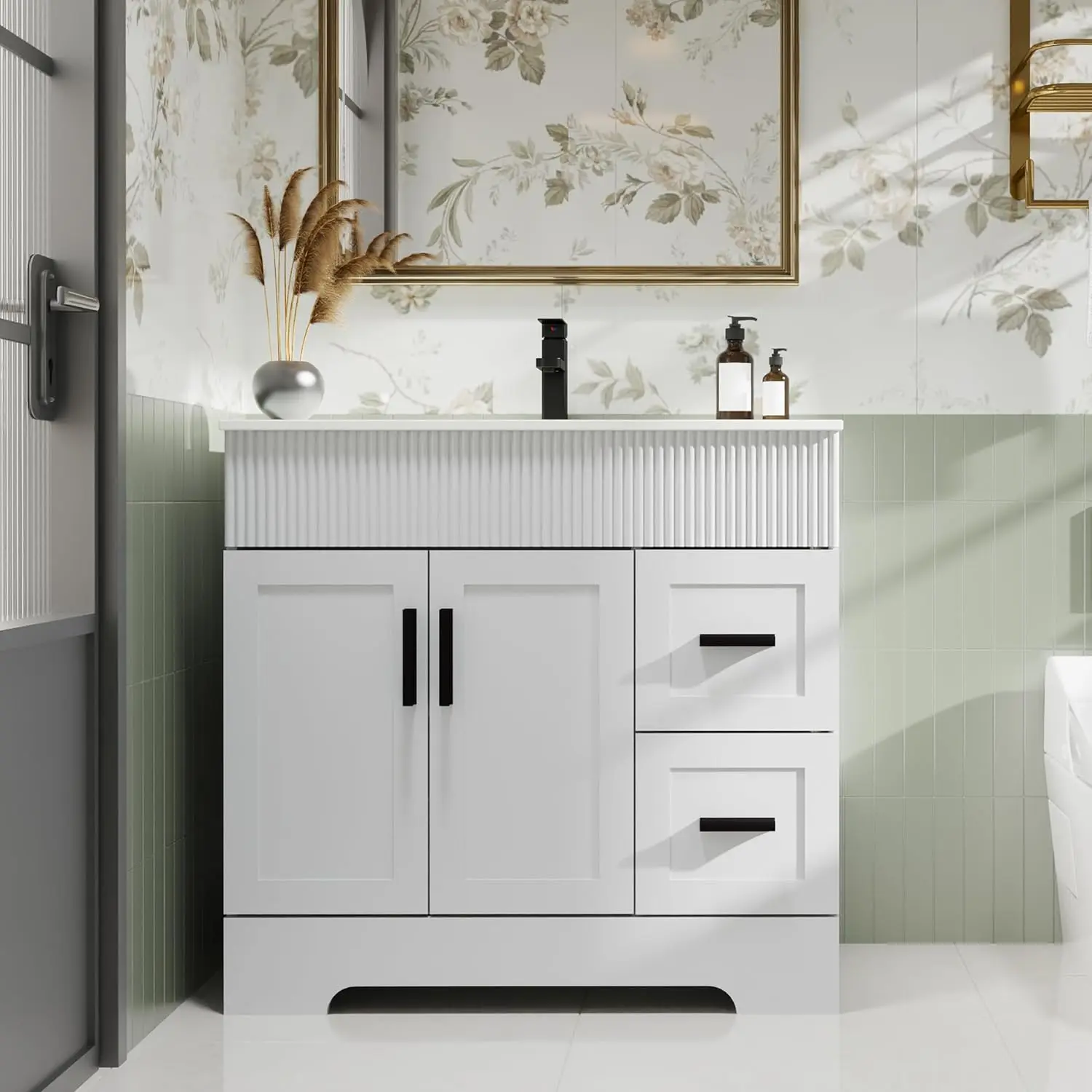 36" Bathroom Vanities Sink Combo with Painted Surface, Modern Drawered Cabinet W/Decorative Wave Lines, Undermount Single S