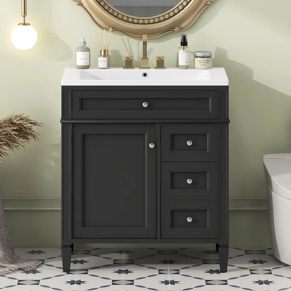 30" Bathroom Vanity, Modern Undermount Sink Cabinet, Freestanding Bathroom Vanities, Soft Closing, Solid Wood Frame (Black)