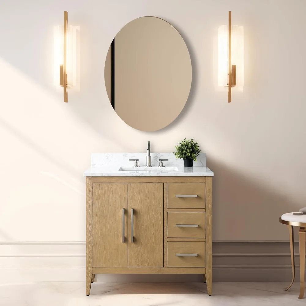 36 inch Bathroom Vanity with Single Sink & Ceramic Top, Vanity Cabinet with Soft-Closing Doors, Solid Wood Frame, Natural Oa