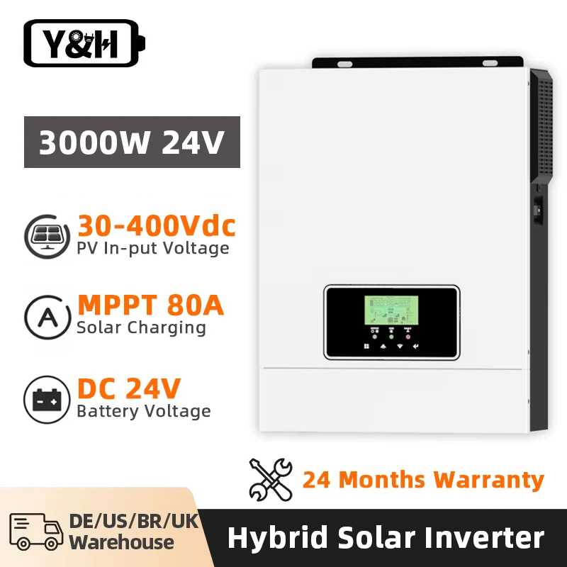 Y&H Hybrid Solar Inverter 3000W 1600W 24V 12V 220V off-grid Pure Sine Inverter Built-in 80A MPPT Solar Charge Controller WiF