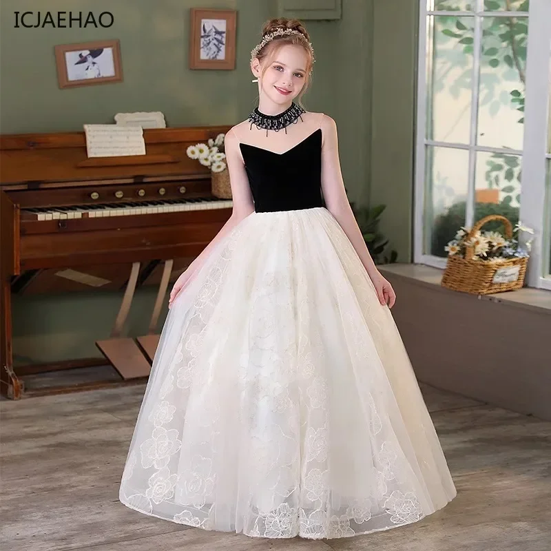 2025 Children's Princess Party Dress Clothing Hepburn Style Kids Costume Lace Host Girl's Off-Shoulder Clothes Dresses