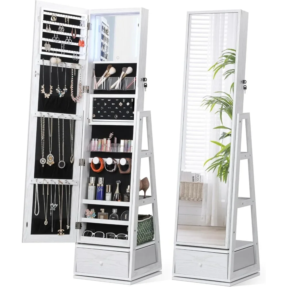 360° Swivel Jewelry Cabinet with Lights, Touch Screen Vanity Mirror, Rotatable Full Length Mirror, Foldable Makeup Shelf, White