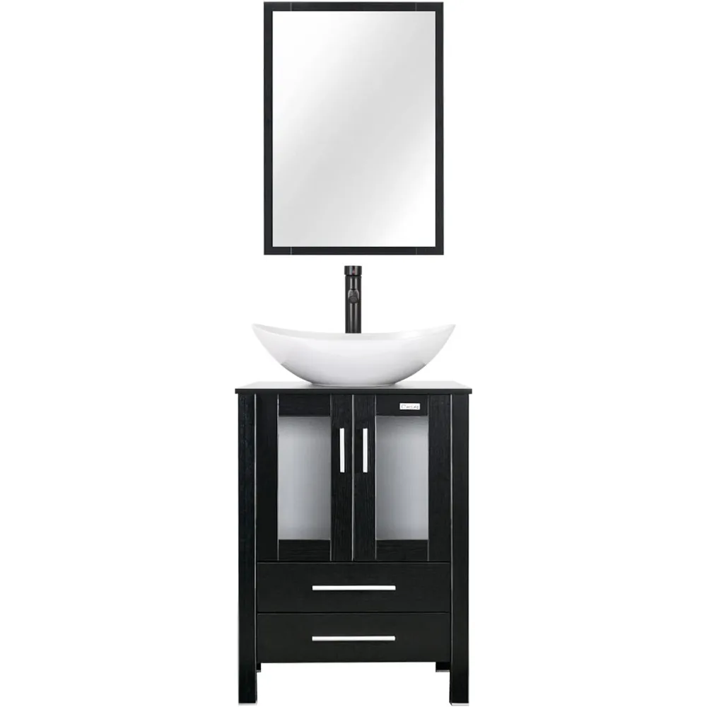 24" Modern Bathroom Vanity Sink Combo Black Stand Cabinet with White Boat Ceramic Vessel Sink & Water Save Faucet &
