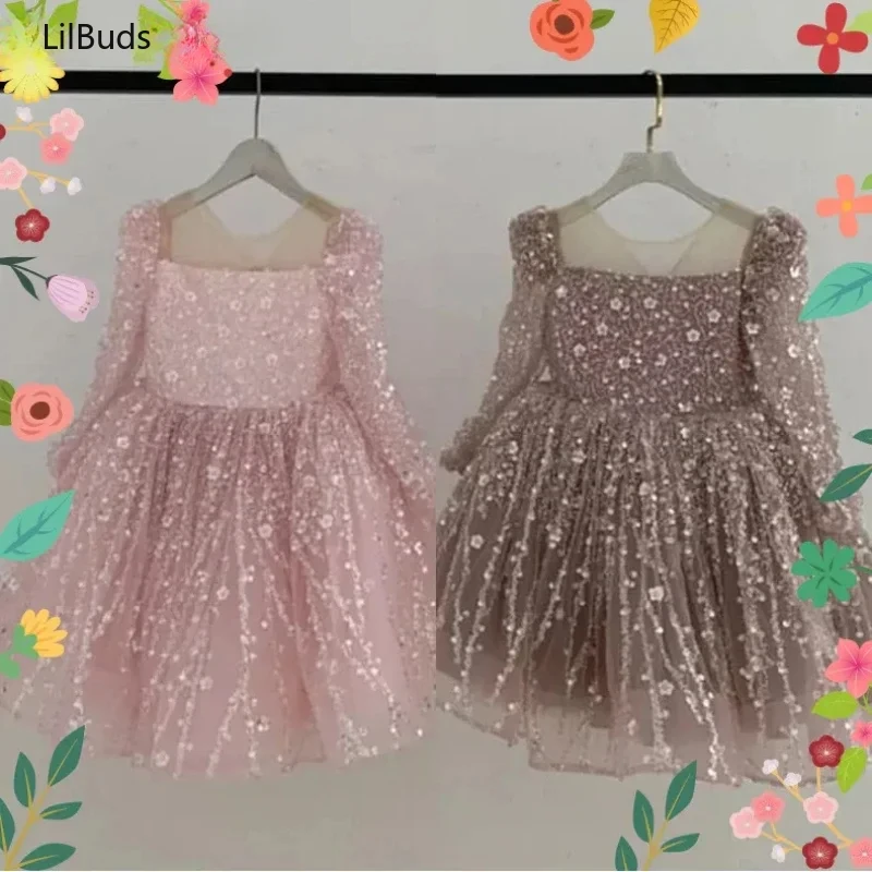 2025 Children Birthday Evening Party Matching Princess Ball Gown Long Sleeve Formal Dresses Kids Girls Elegant Shinny Sequin