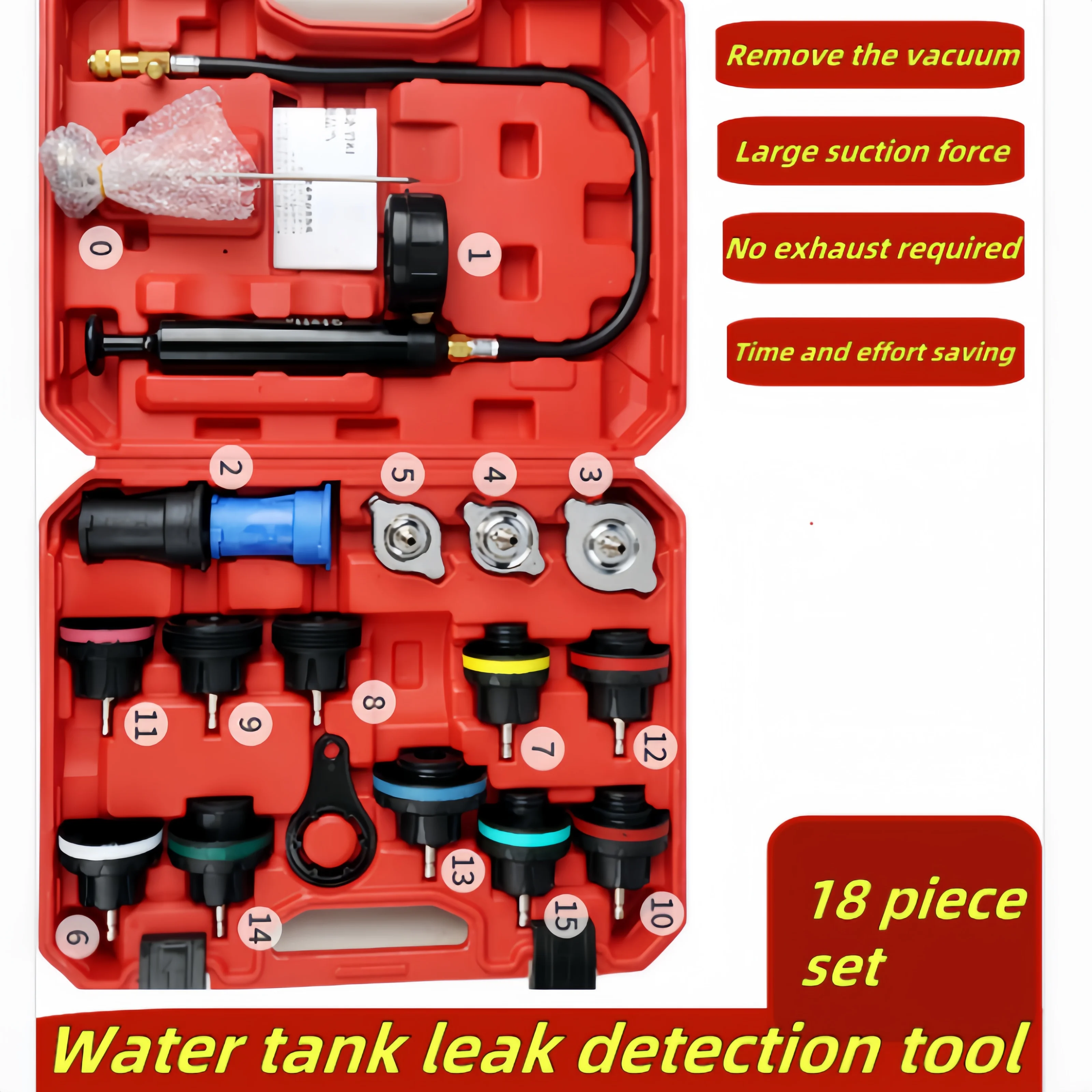 18 Pcs Automotive Water Tank Pressure Testing Leak Detection Tool Antifreeze Coolant Vacuum for Audi BMW Ford General Motors