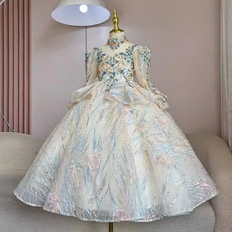 ICJAEHAO Children's Catwalk Dress for Girl New Heavy Industry Fluffy Yarn Princess Dress Girls Piano Solo Performance Costu
