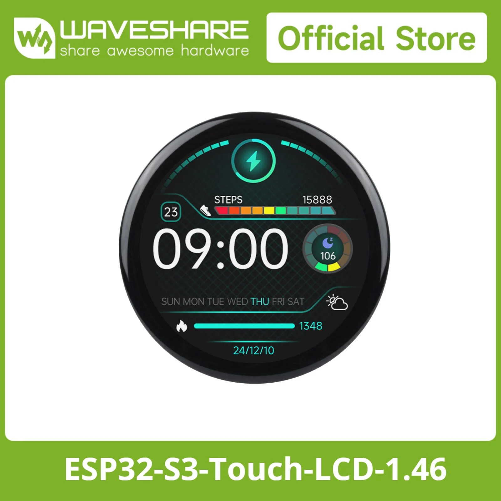Waveshare ESP32-S3 1.46inch Round Display Development Board 412×412, Supports WiFi&Bluetooth, Accelerometer And Gyroscope Se