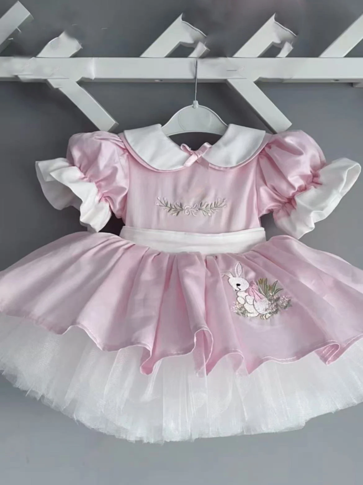 0-12Y Baby Girl Summer Rabbit Embroidery Pink Turkish Dress for Birthday Holiday Photography Eid Party Casual B52