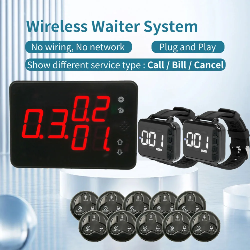 Wireless Restaurant Kitchen Waiter Paging Call System 2 Watch Pager 10 Call Button for Customer Service For Library