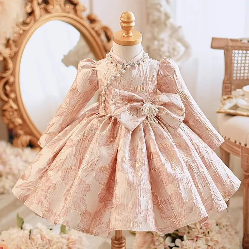 Children Birthday Baptism Princess Gown Girls Cute Bow Design Long Sleeve Wedding Party Performances Dress y1458