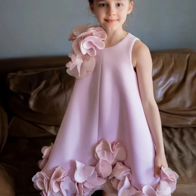 Baby Girl Princess Vestido Birthday Wedding Party Pageant Baby Clothes 1-12Y 3D Flower Dress Infant Toddler Child Elegant Solid