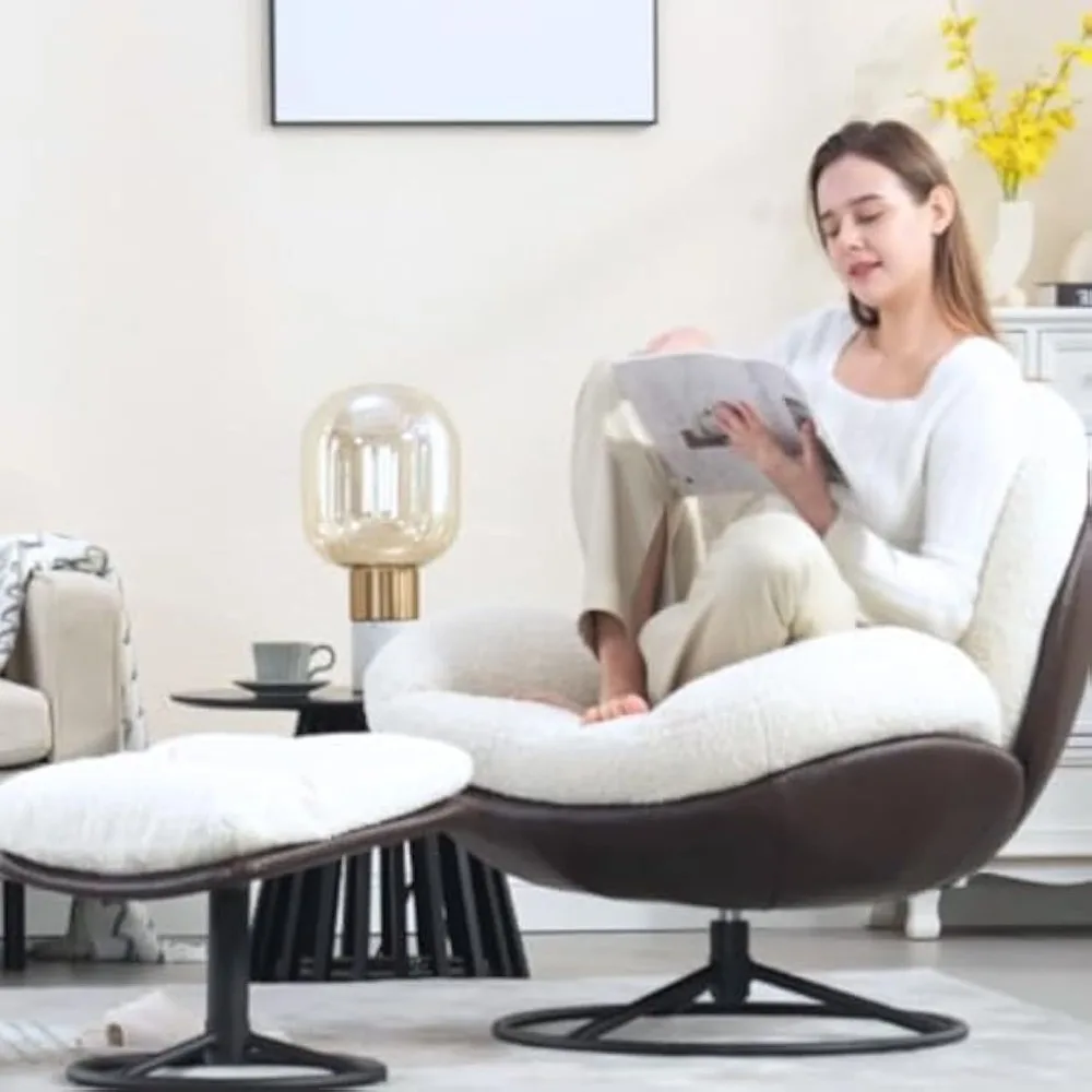 Swivel Sherpa Accent Chair with Ottoman,Mid Century Modern Lounge Chair w/ Footrest,Comfy Reading Chair w/ 360 Degree Metal Base