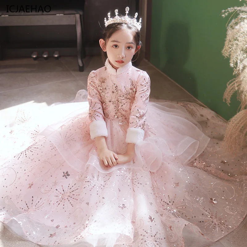 ICJAEHAO Children's Dress Girls Birthday Princess Dress Thickened Pink Flower Little Girl Host Piano Costume Winter Vestido