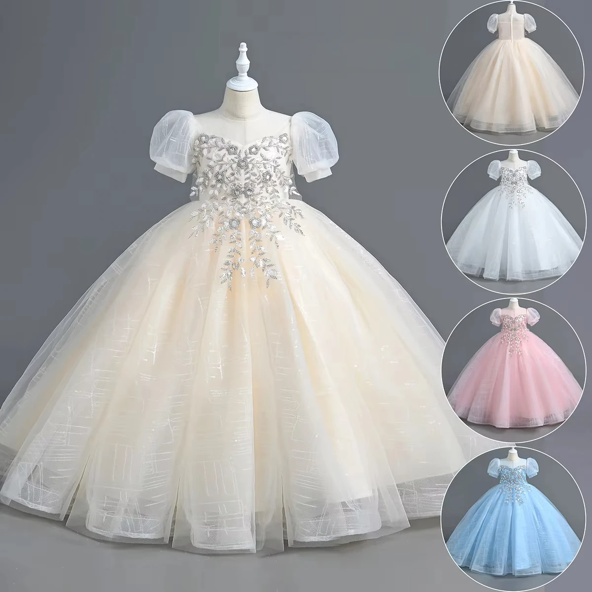 New Birthday Summer New Piano Performance Dress Long Host Mesh Sequin Girls' Princess Dress High End Summer Children's