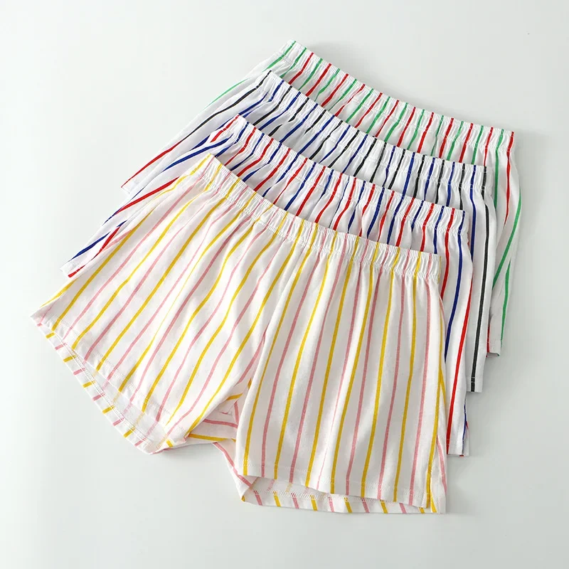 Men's Cotton Striped Boxer Shorts Loose Fit Mid-Waist Sleepwear Breathable Summer Underpants Soft Home Lounge Pajama Bottom