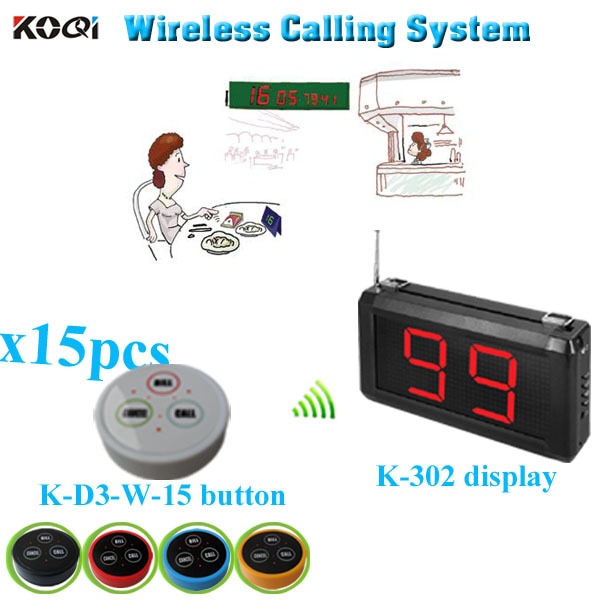 Wireless Restaurant Waiter calling System Remote Control Restaurant Equipment (1 display+15 table bell button)